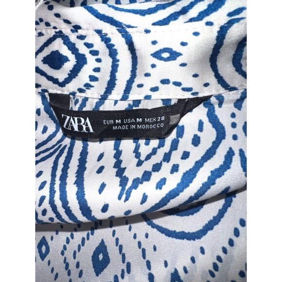 Zara Womens Blue & White Geometric Print Button-Up Shirt Top Medium - Picture 3 of 3